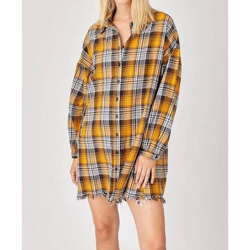 NEW RISEN missy oversized plaid shirt dress in yellow multi